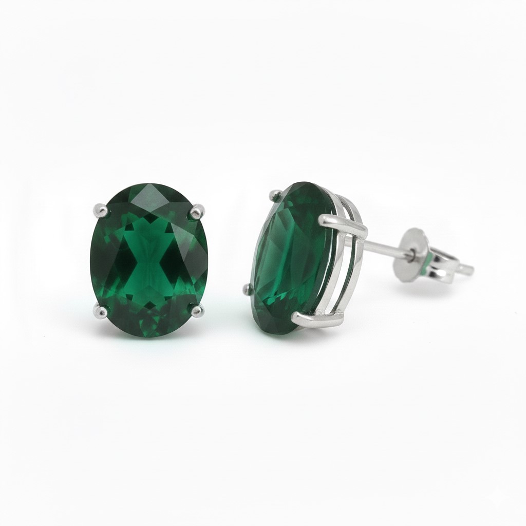 10x8MM EMERALD COLOR QUARTZ STUD EARRINGS.WHITE GOLD