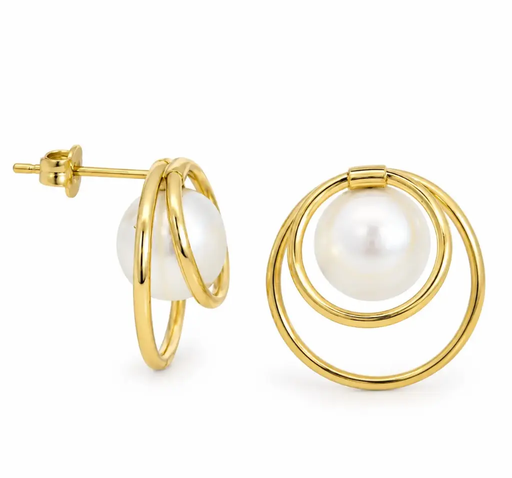 16MM DOUBLE CIRCLE EARRINGS WITH 8MM FRESHWATER PEARL 