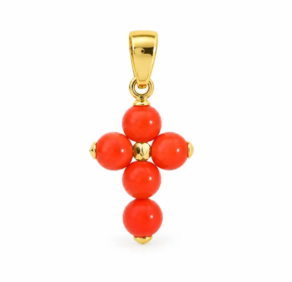 3MM REAL CORAL REEF BALLS CROSS PENDANT.15x10MM