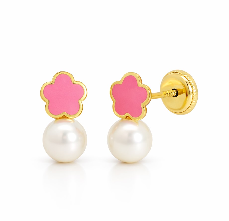 PENDIENTES ESMALTE FLOR Y  PERLA DE 4MM.ROSCA.