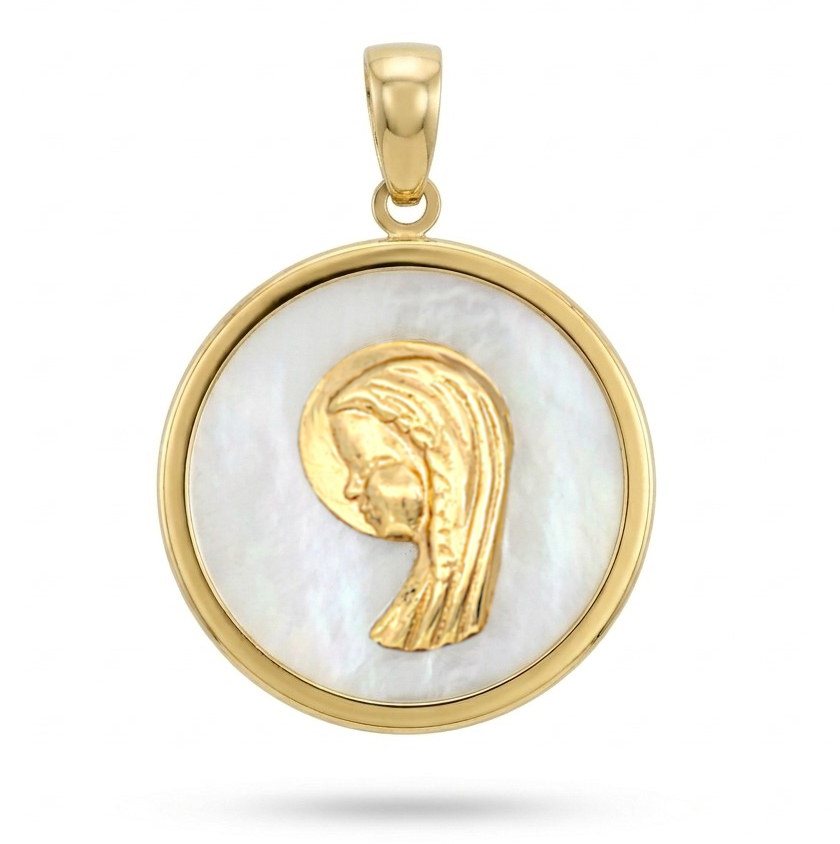 MEDALLA VIRGEN NIÑA REDONDA  CON NACAR ,16 MM.9KILATES