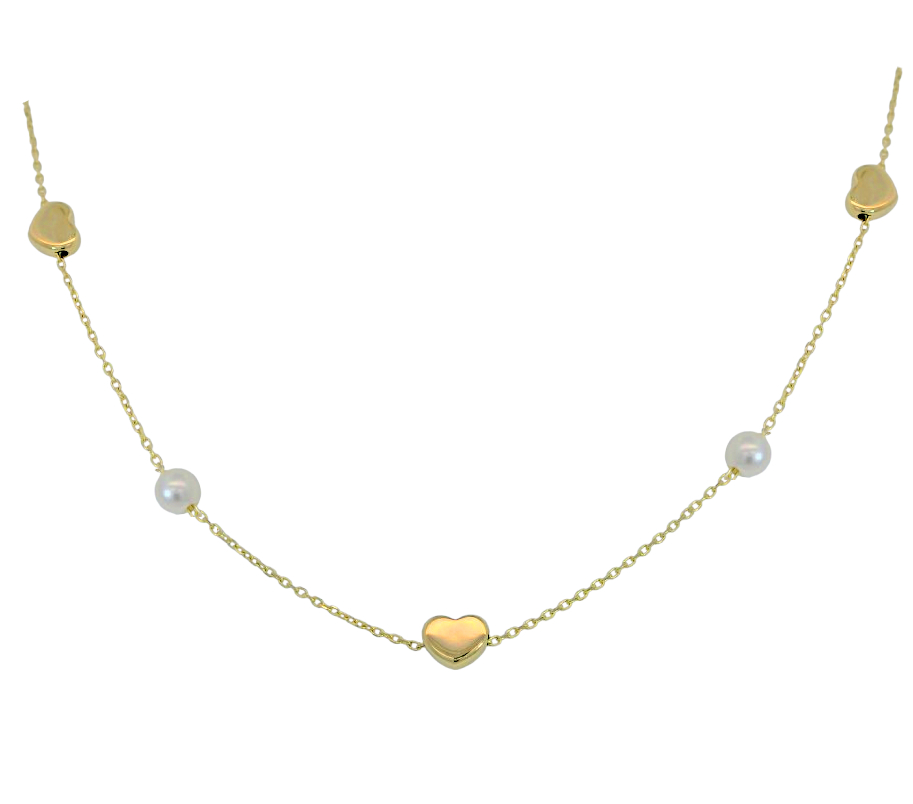 GARGANTILLA 2 PERLAS Y 3 CORAZONES .9KILATES