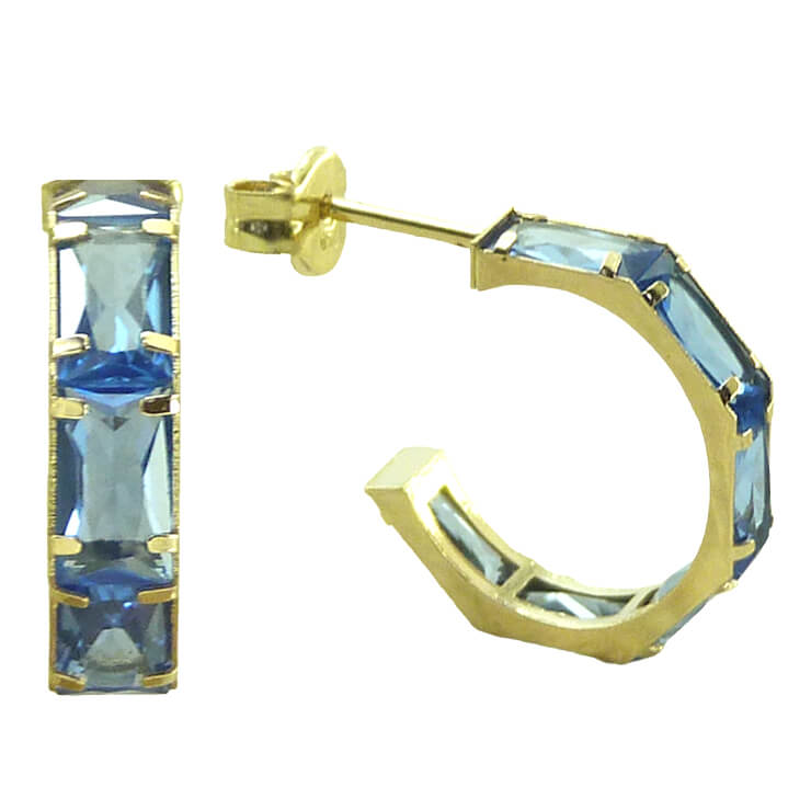 13x3MM HOOP EARRINGS.BAGUETTE CZ AQUAMARINE COLOR.