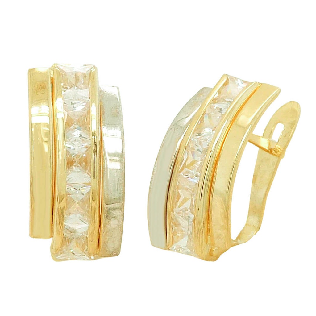 TWO TONE CURVED BANDS AND CZ EARRINGS.LEVERBACK.