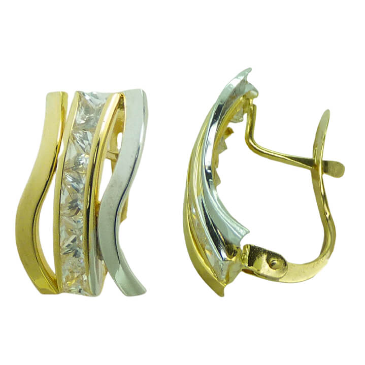 TWO TONE LEVERBACK EARRINGS WITH CZ.