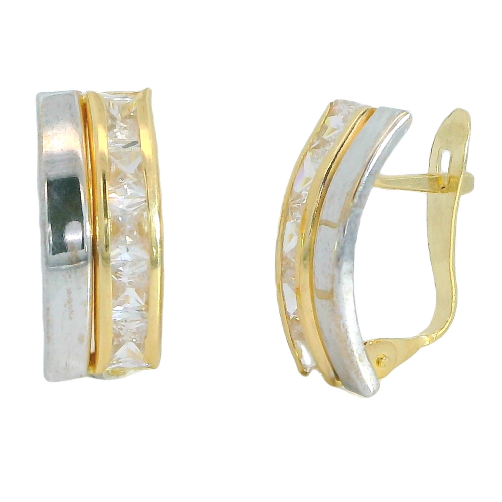 TWO TONE CURVED BANDS AND CZ EARRINGS.LEVERBACK.