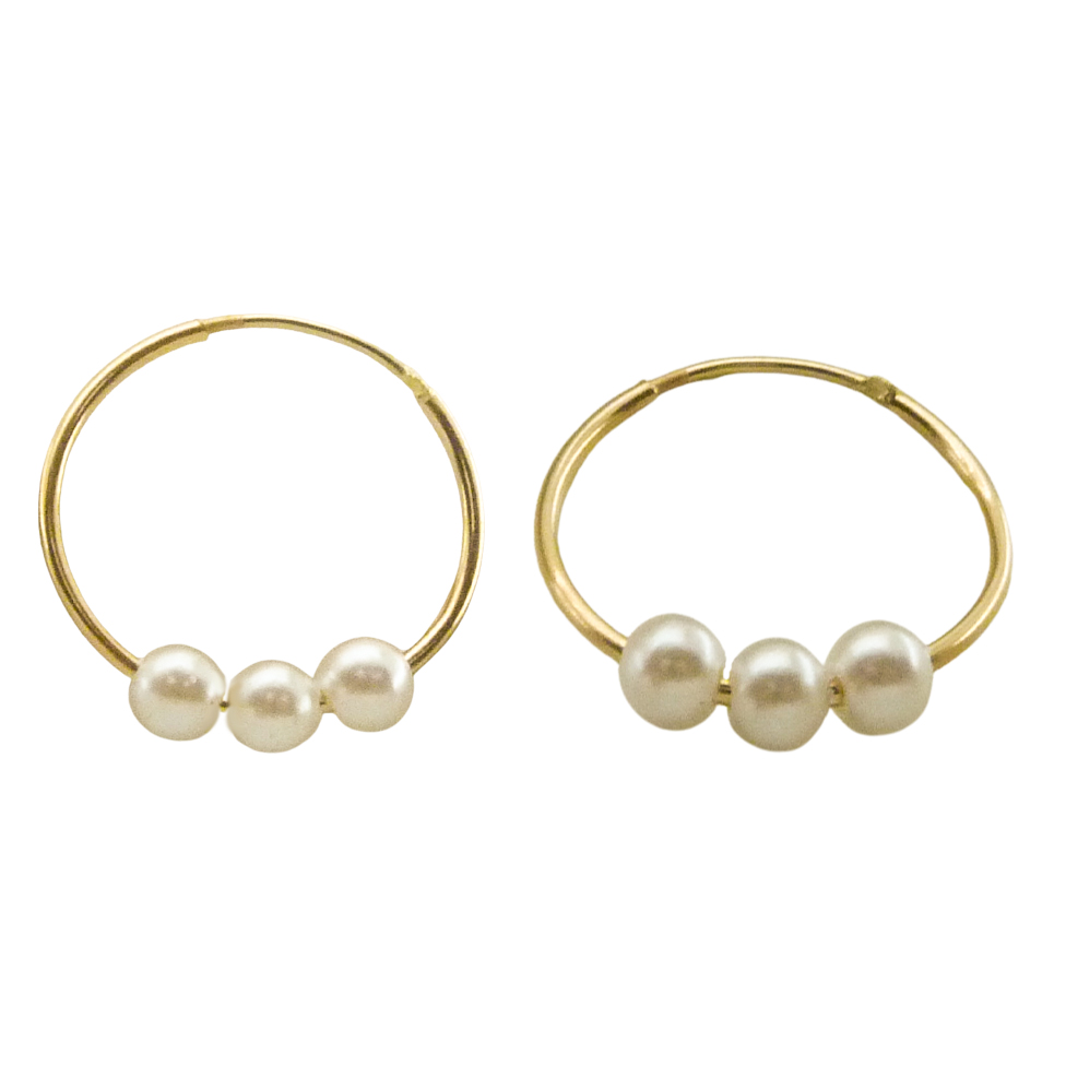 14x1MM ROUND TUBE HOOP EARRINGS WITH THREE PEARLS.