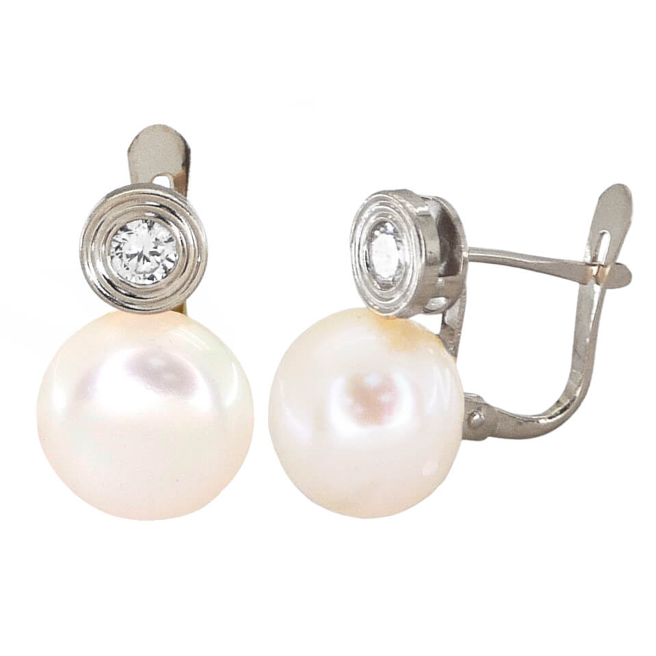 10MM BUTTON PEARL LEVERBACK EARRINGS.WHITE GOLD