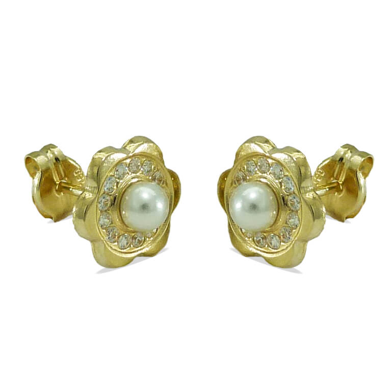 FRESHWATER PEARL AND CZ FLOWER STUD EARRINGS
