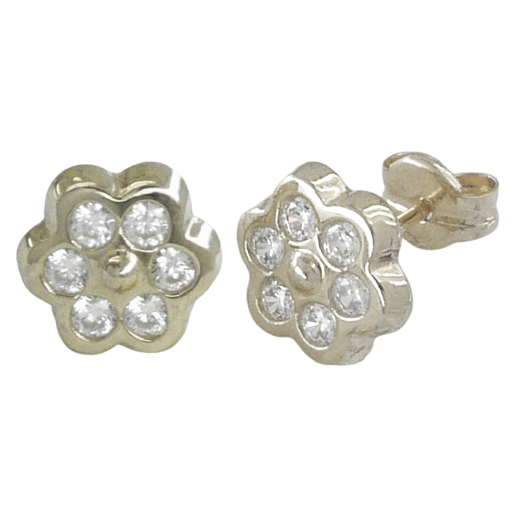 CZ FLOWER STUD EARRINGS.PUSHBACK.WHITE GOLD.