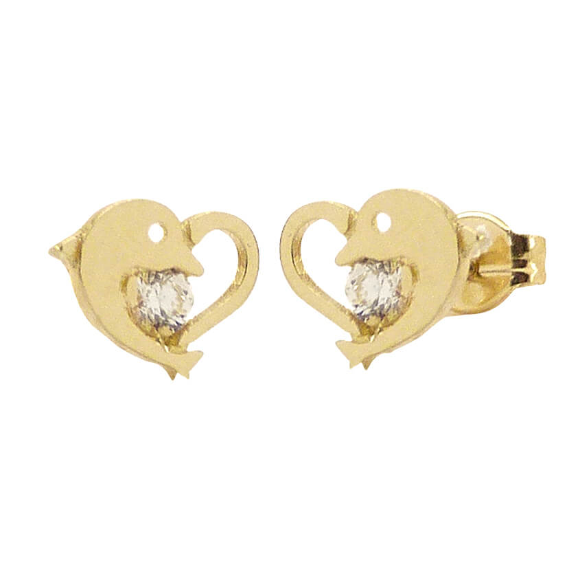 7MM DOLPHIN AND HEART STUD EARRINGS.