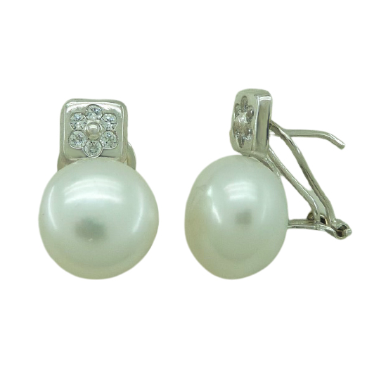 11MM BUTTON PEARL WHITE GOLD OMEGA BACK EARRINGS