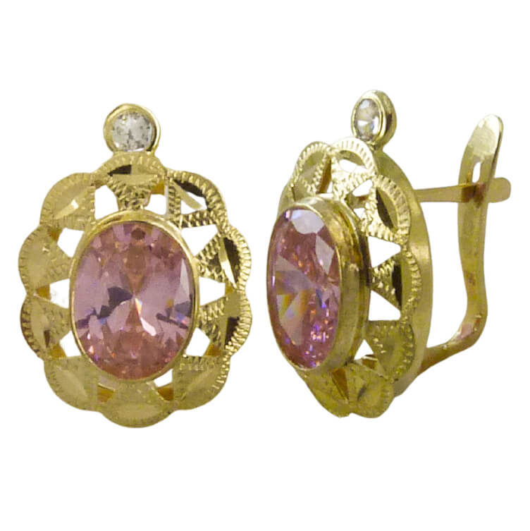 PENDIENTES CUBANA PIEDRA COLOR ROSA DE 8x6MM.CON TOPE.