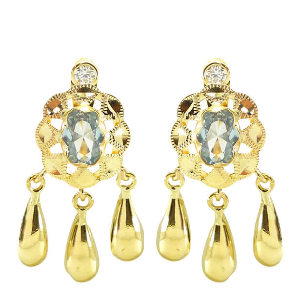 PENDIENTES CUBANA PIEDRA 6x4MM COLOR AGUAMARINA Y  3 LAGRIMAS.CATALAN.20MM.