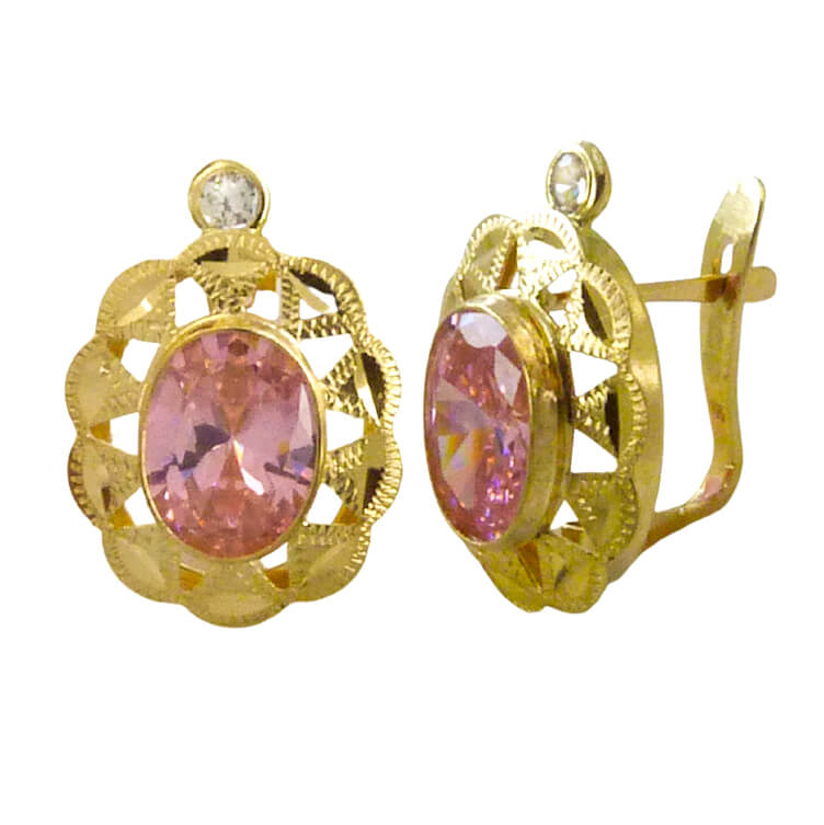 PENDIENTES CUBANA PIEDRA DE  6x4MM COLOR ROSA. 14x9MM.