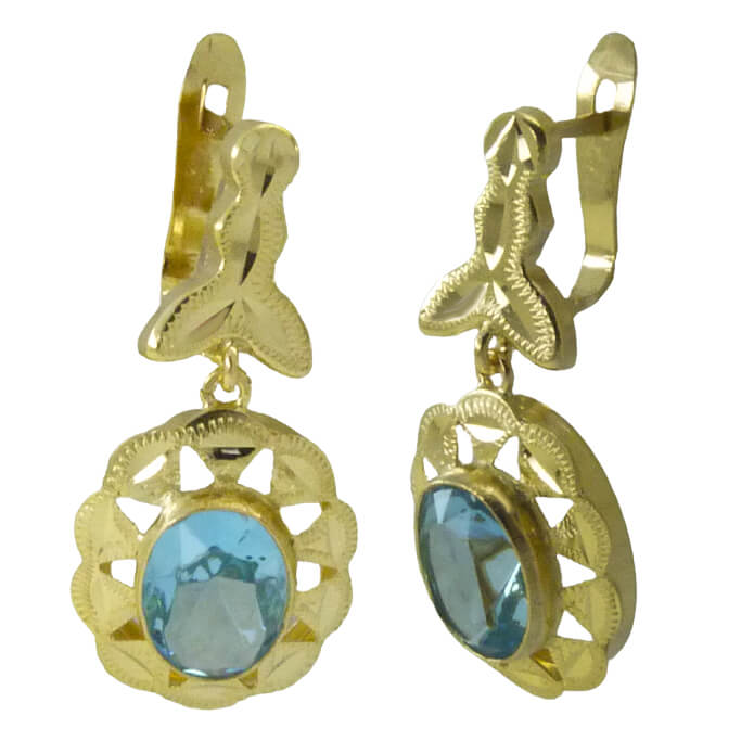 PENDIENTES CUBANA PIEDRA DE 8x6MM COLOR AGUAMARINA,CON MOSCA. 22MM.