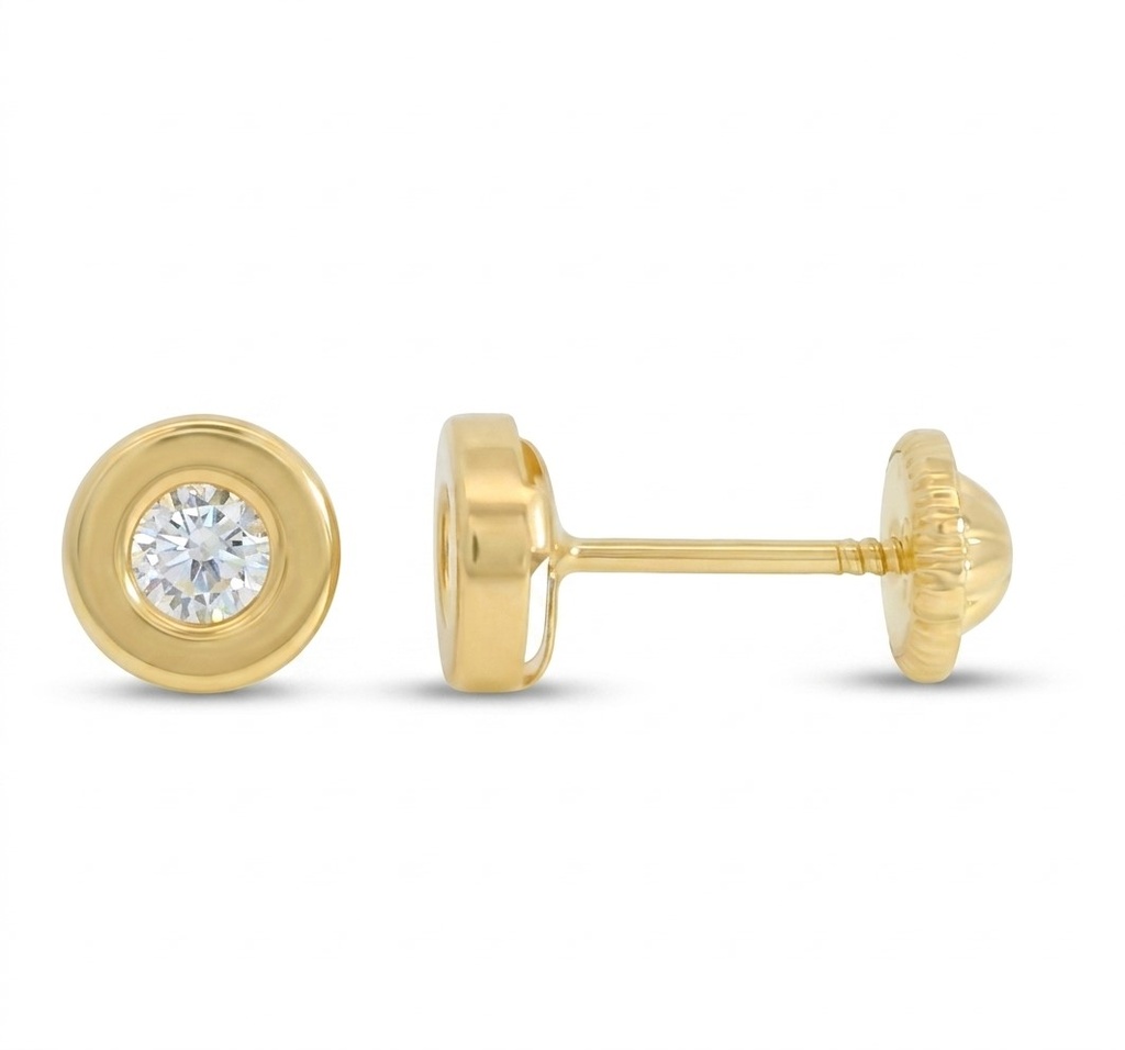 5'5MM ROUND PLANE BEZEL EARRINGS.3MM CZ.,SCREW BACK