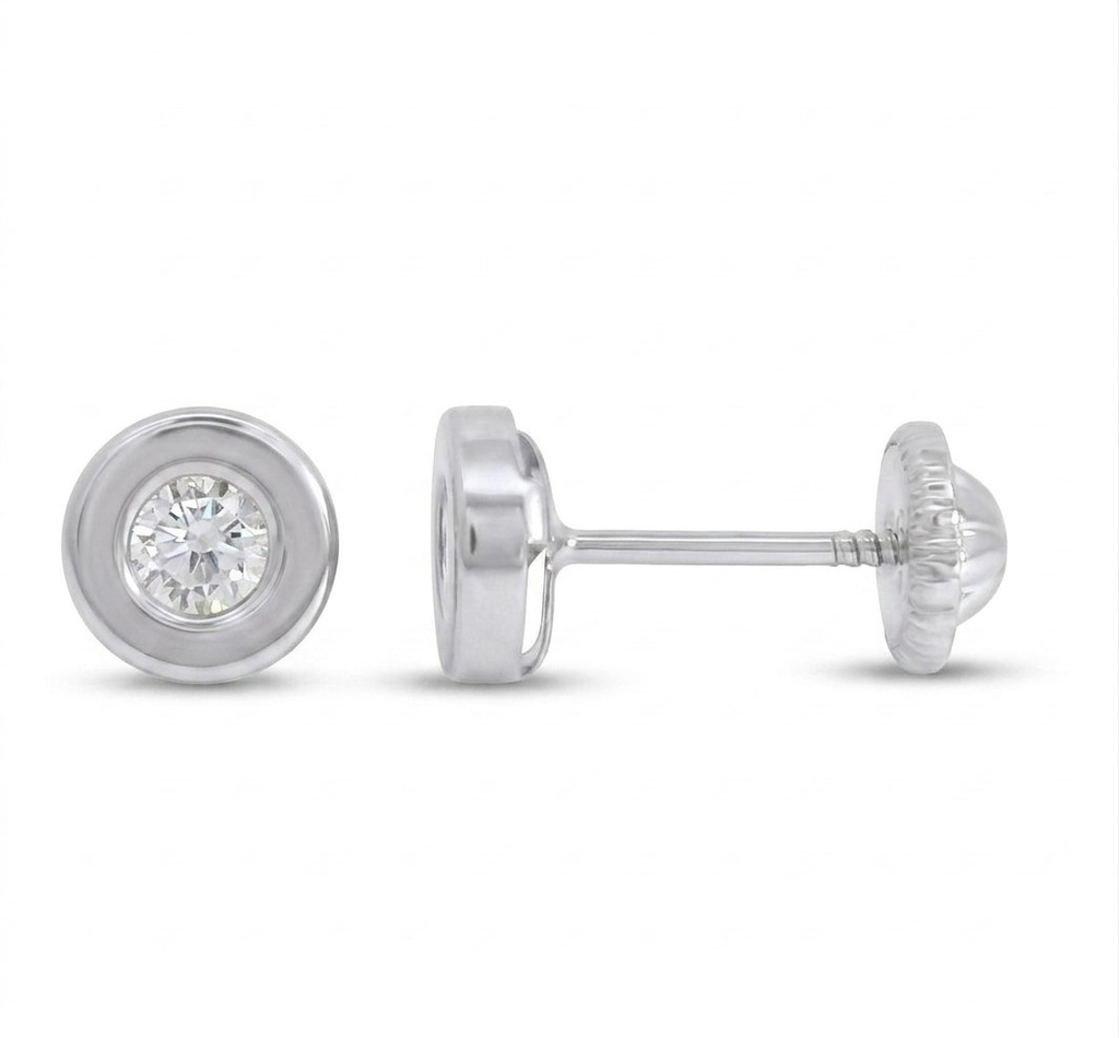 5'5MM ROUND PLANE BEZEL EARRINGS.3MM CZ.,SCREW BACK.WHITE GOLD