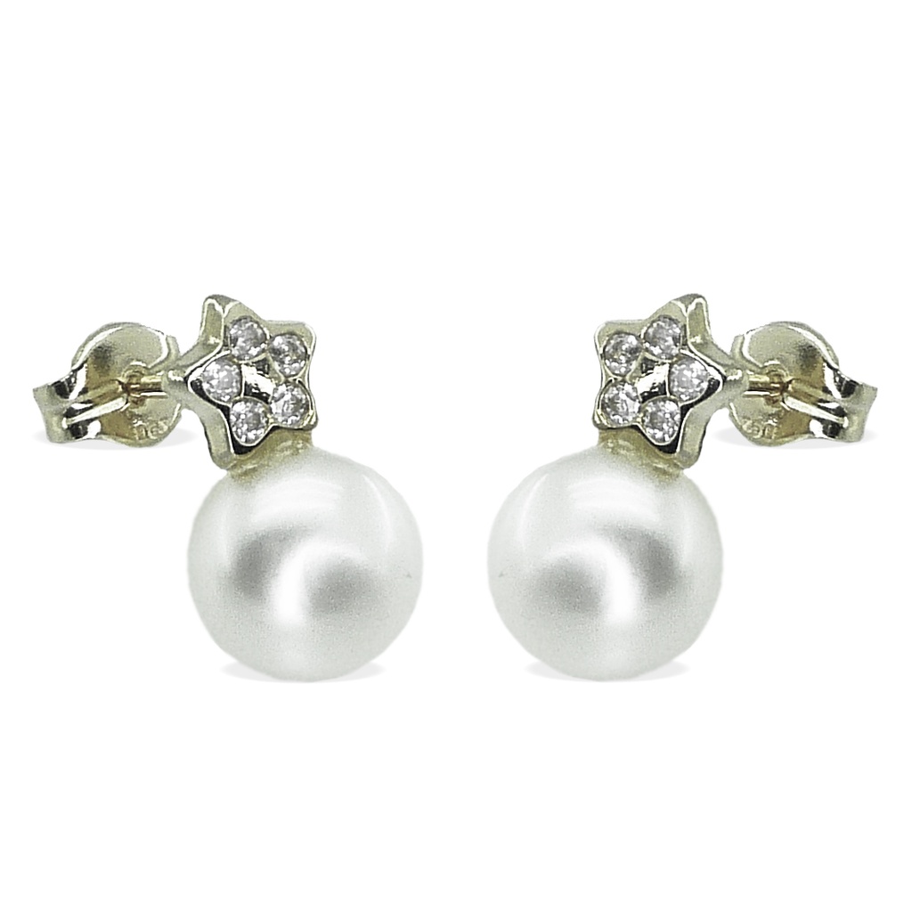 PENDIENTES ESTRELLA Y PERLA BOTON DE 7'5MM.ORO BLANCO.PRESION Perla Cultivada