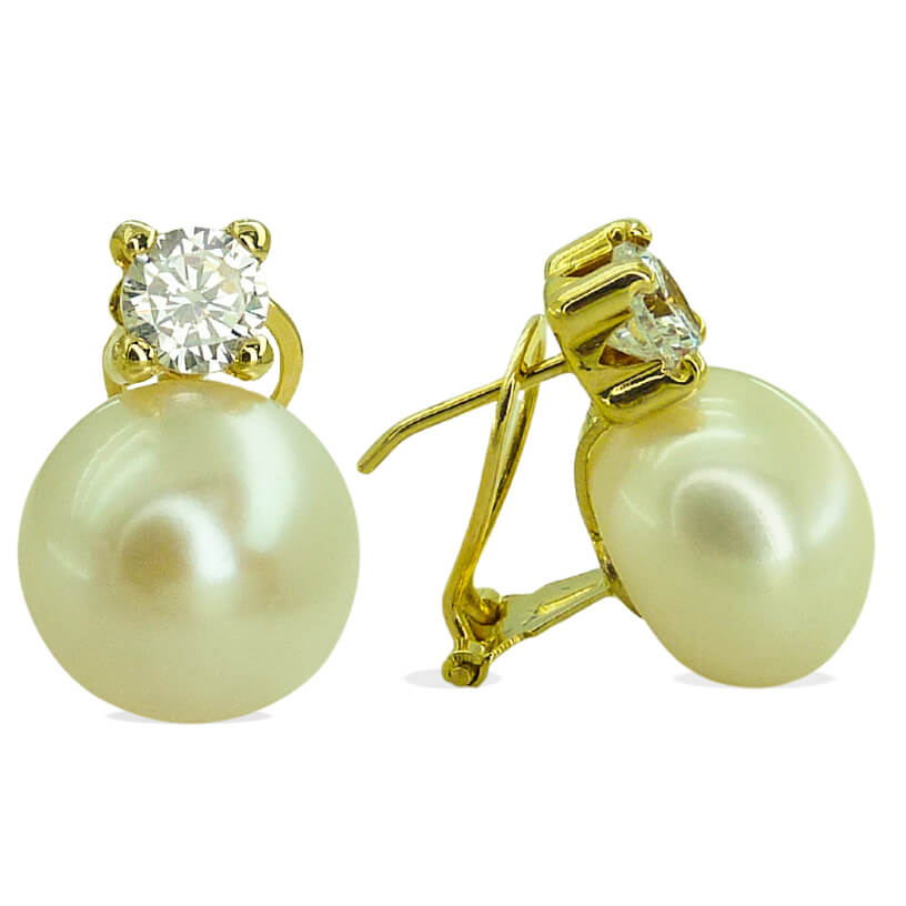 5MM CZ  AND 11MM BUTTON FRESHWATER PEARL EARRINGS.OMEGA BACK.