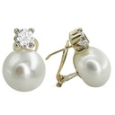 5MM CZ  AND 11MM BUTTON FRESHWATER PEARL EARRINGS.OMEGA BACK.WHITE GOLD