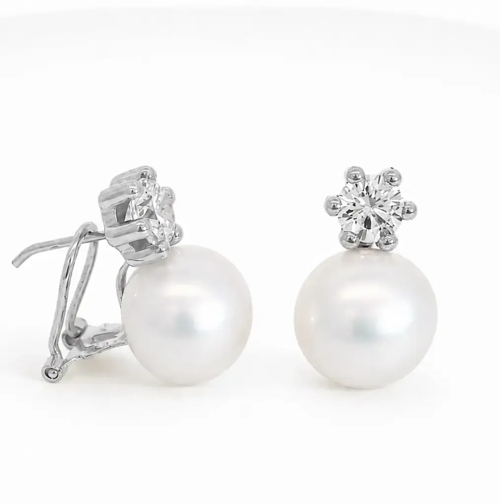 5MM CZ  AND 12MM FRESHWATER PEARL EARRINGS.OMEGA BACK.