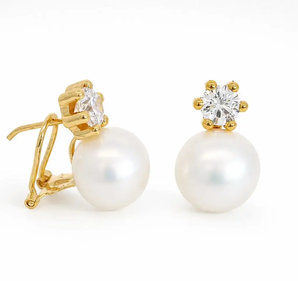 12MM FRESHWATER BUTTON PEARL AND 5MM CZ OMEGA BACK EARRINGS