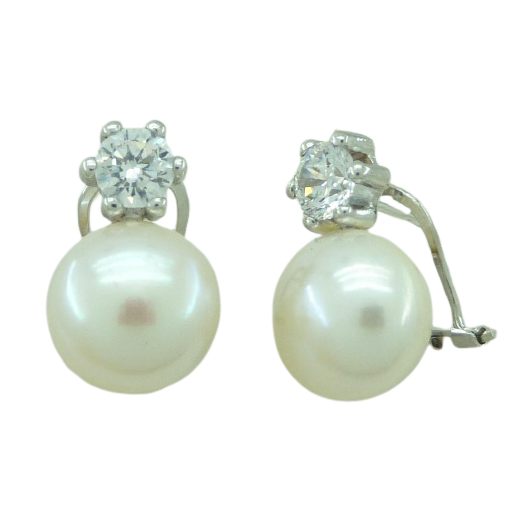 5MM CZ  AND 12MM FRESHWATER PEARL EARRINGS.OMEGA BACK.