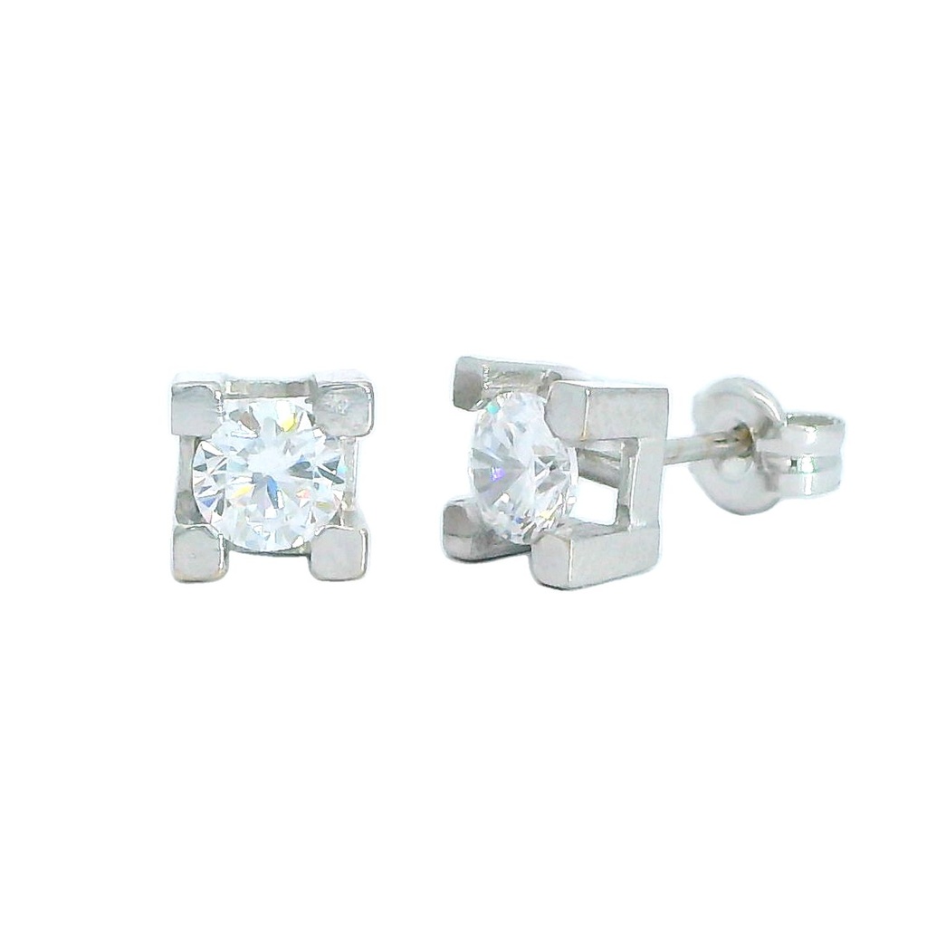 WHITE GOLD SQUARE STUD EARRINGS WITH CZ.