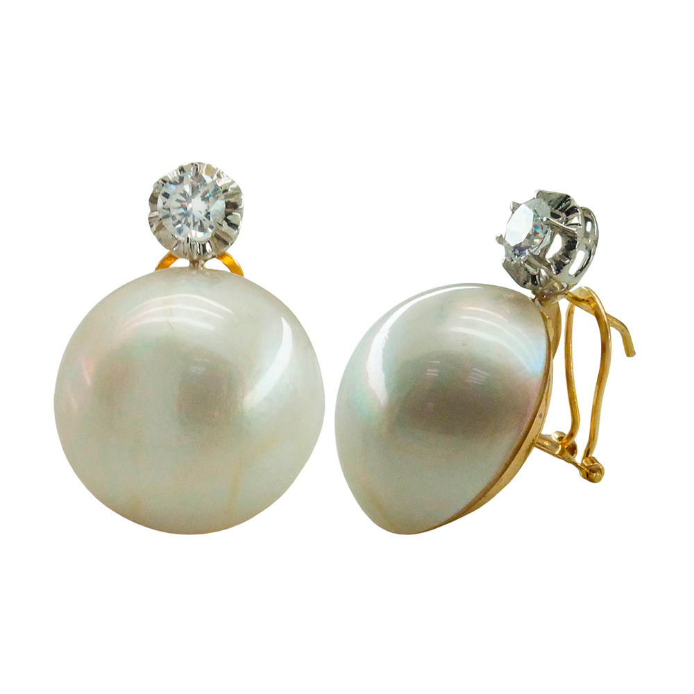 10/11 MM MABE PEARL EARRINGS WITH CZ.OMEGA BACK.