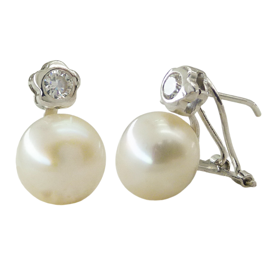 3MM CZ AND 9MM BUTTON PEARL EARRINGS.OMEGA BACK.