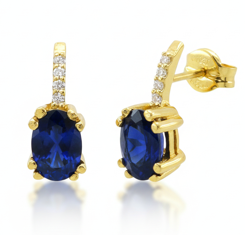 6x4MM OVAL SAPPHIRE EARRINGS WITH 1MM DIAMONDS H-SI.0.04 CT TW