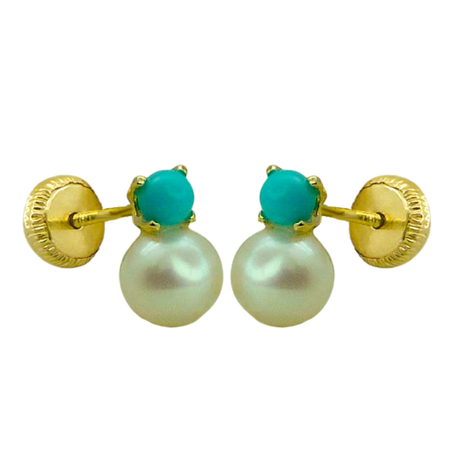 3'5MM PEARL AND TURQUOISE COLOR BALL STUD EARINGS.SCREW BACK.