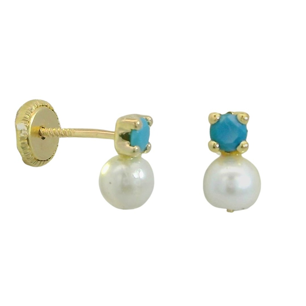 PENDIENTES PATILLA PERLA 4MM Y PIEDRA COLOR TURQUESA.