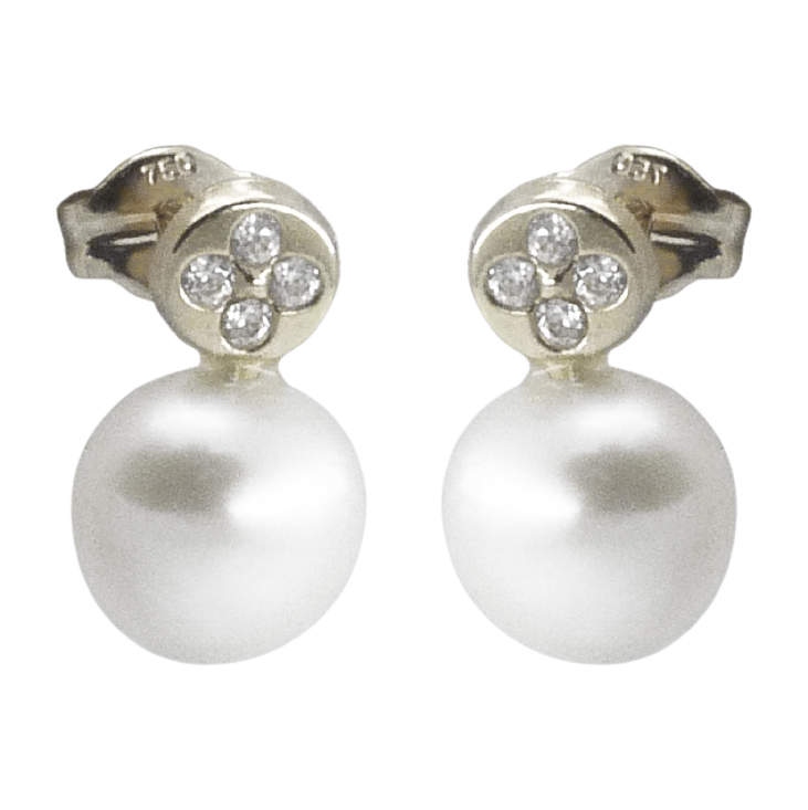 PENDIENTES REDONDOS ORO BLANCO.PERLA BOTON 7.5MM.PRESION.