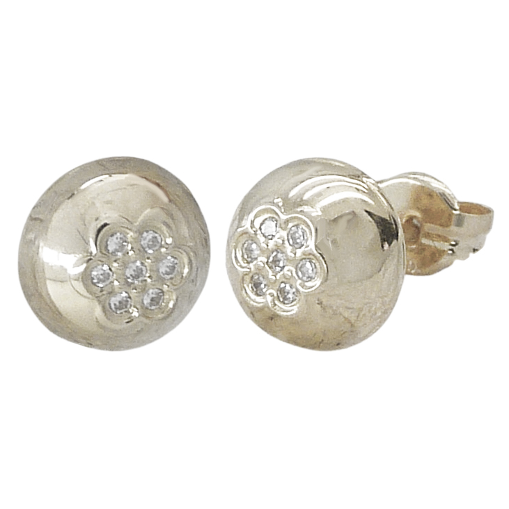 PENDIENTES REDONDOS FLOR DE CIRCONITAS. 7MM.PRESION.ORO BLANCO.