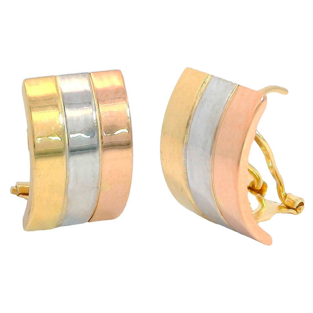 18x8MM TRI COLOR GOLD OMEGA BACK EARRINGS.