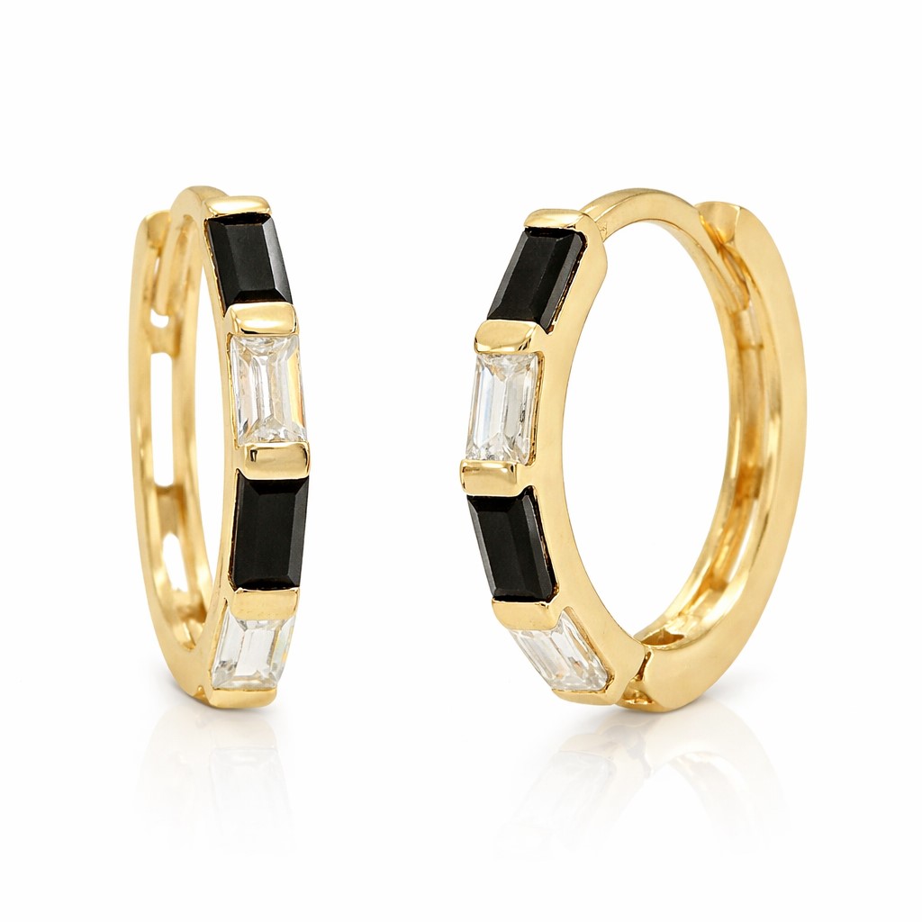 12x1'5MM BLACK AND WHITE BAGETTE CZ HOOP EARRINGS.