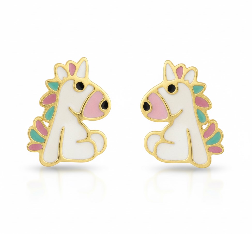 8MM ENAMEL UNICORN EARRINGS.SCREW BACK.