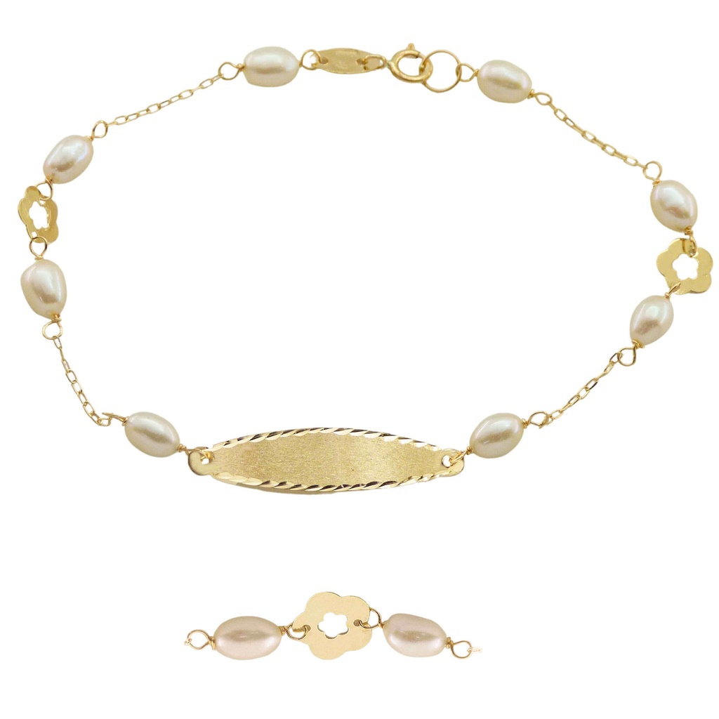 PULSERA COMUNION CON CHAPA ,PERLAS Y FLORES.19CM. Perla Cultivada