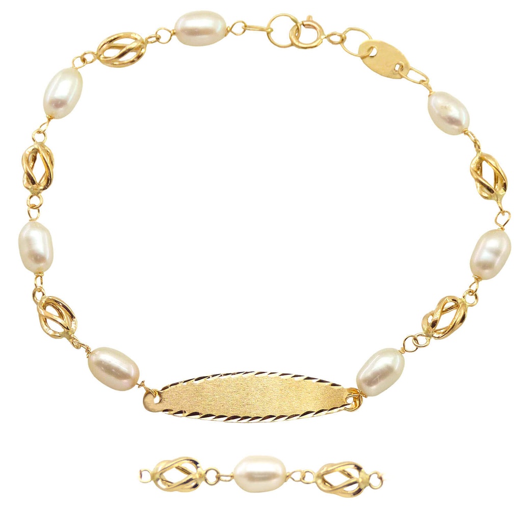 PULSERA COMUNION CON CHAPA,PERLAS CIRCONITAS Y JAULAS. Perla Cultivada
