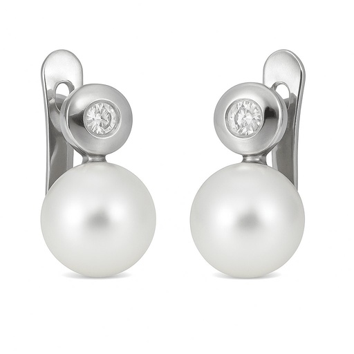 [B4140B] 0.04 CT TW DIAMOND AND 6MM FRESHWATER PEARL EARRINGS.WHITE GOLD.