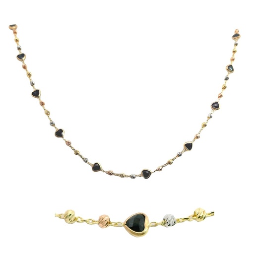 [00027] BLACK CZ HEART BEZELS AND TRI COLOR CARVED BALLS NECKLACE.