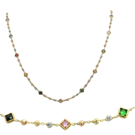 [00029] COLORED CZ BEZELS AND TRI COLOR BALLS NECKLACE.