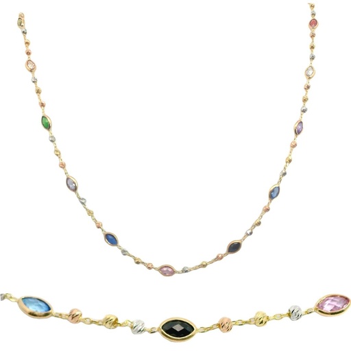 [00030] COLORED CZ BEZELS AND TRI COLOR BALLS NECKLACE.