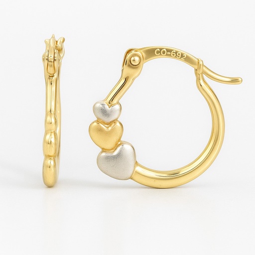 [00046] 17x15x2MM THREE TONE HEARTS HOOP EARRINGS.