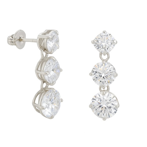 [5555PB] 18MM THREE CZ DANGLING EARRINGS.WHITE GOLD.