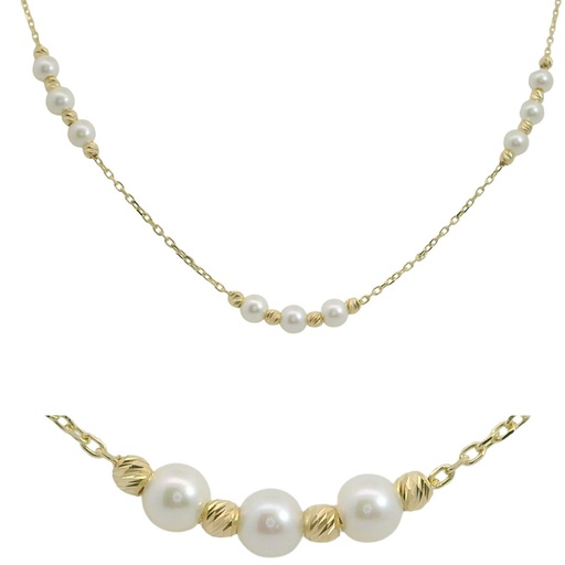 [00105] FRESHWATER PEARLS AND CARVED GOLD BALLS NECKLACE.45CM.