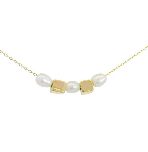 [00130P] GOLD CUBES AND FRESHWATER PEARLS NECKLACE.45 CM.