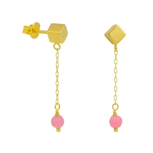 [00130PR] PENDIENTES CADENA CUBO PIEDRA TURMALINA ROSA SEMIPRECIOSA